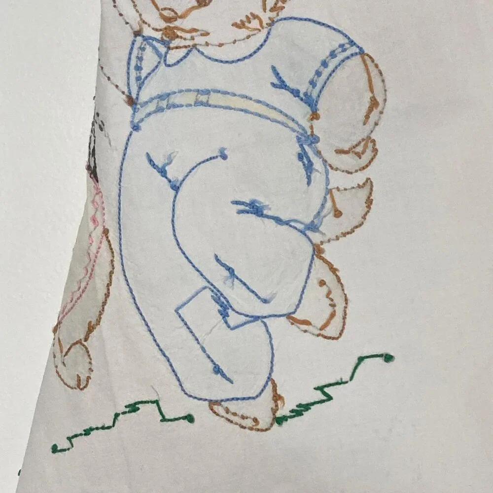 Vintage Hand Embroidered Applique Baby Crib Sheet Cover Puppies Dancing Maypole